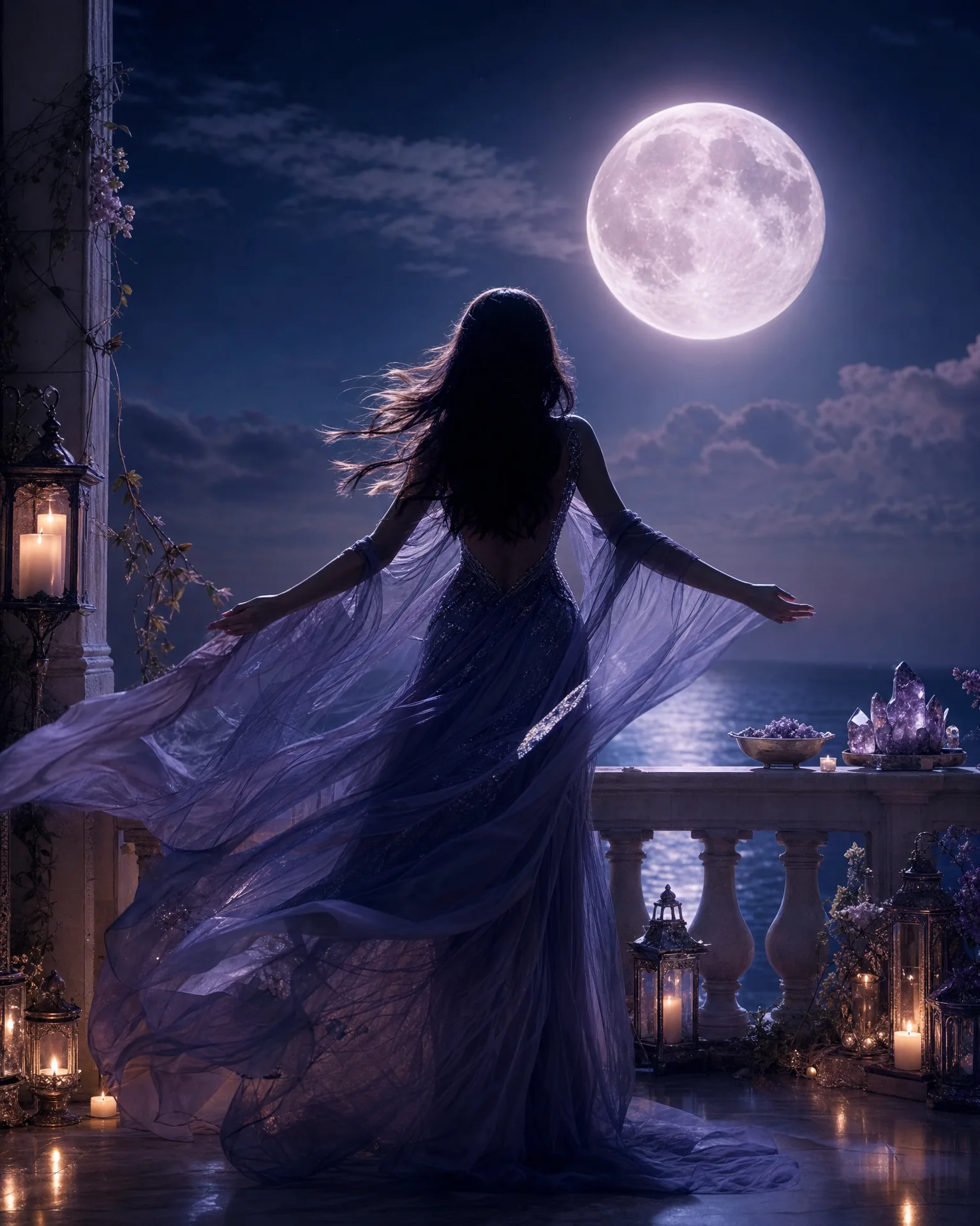 A woman seen from behind with arms open on a candlelit stone balcony beneath a full moon over the sea.
