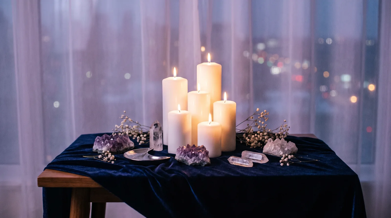 Lit ivory candles and amethyst crystals arranged on navy velvet beside a silver crescent dish.